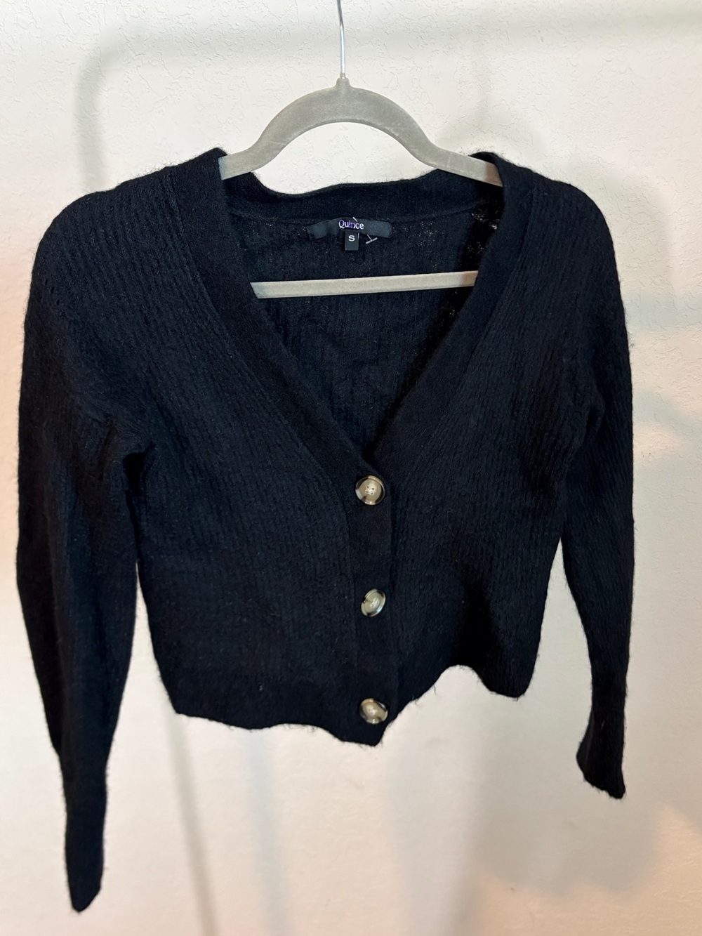 Quince Black Wool Blend V-Neck Button Front Cardigan